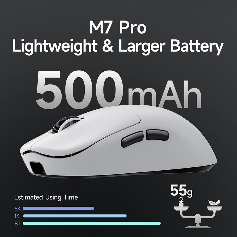 MCHOSE M7 Pro Wireless Gaming Mouse, 8K Polling, 55g Lightweight Ergonomic Computer Mouse PAW3395 Optical Sensor 650 IPS, 26000 DPI, 6 Programmable Controls USB-C 3-Modes PC/Mac White - Image 3